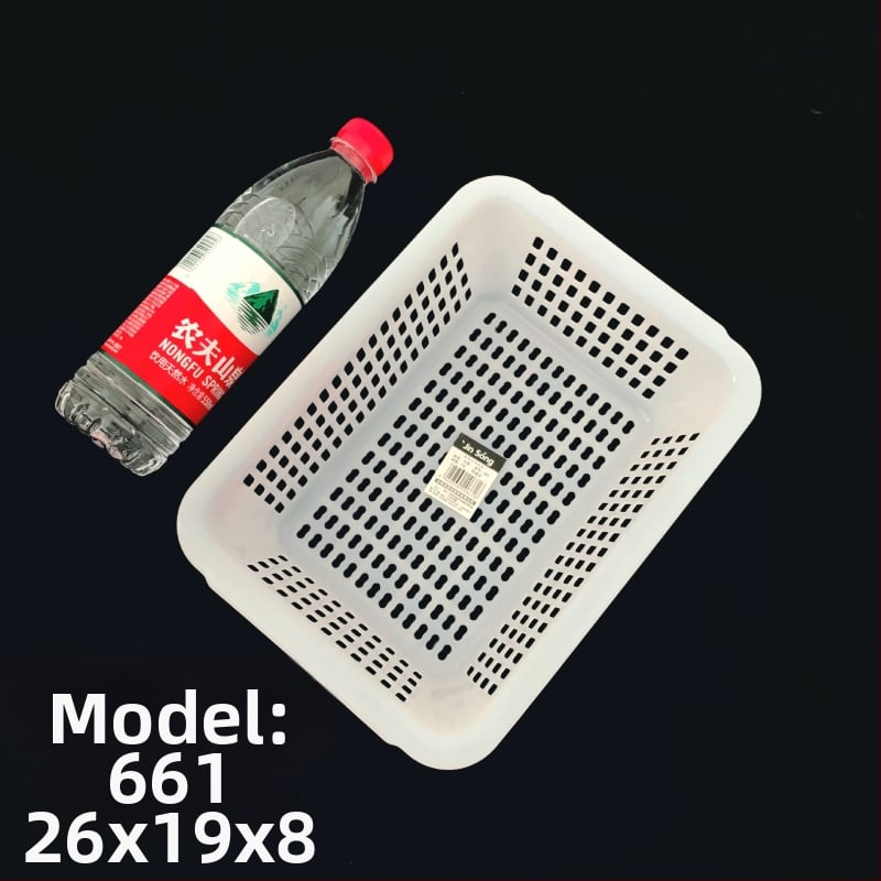 Műanyag tárolókosár négyzetes szitával és lefolyó funkcióval, modell 0361, PE anyag