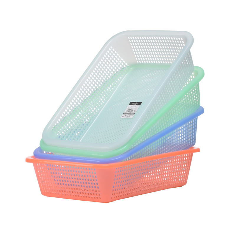 Műanyag tárolókosár négyzetes szitával és lefolyó funkcióval, modell 0361, PE anyag