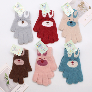 Vaikų žiemos pirštinės, universalios, su fliso pamušalu, Jacquard mezgimas, animacinio kiškio raštas, 4–10 metų