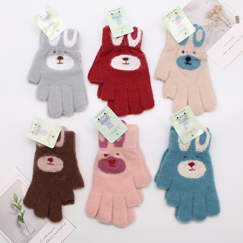 Vaikų žiemos pirštinės, universalios, su fliso pamušalu, Jacquard mezgimas, animacinio kiškio raštas, 4–10 metų