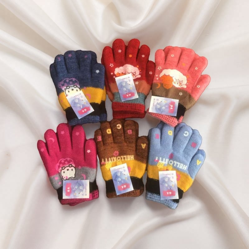 Žiemos unisex mohair megztos pirštinės su karikatūros raštu, mielas stilius, atskiri pirštai, vaikams 4-9 metai