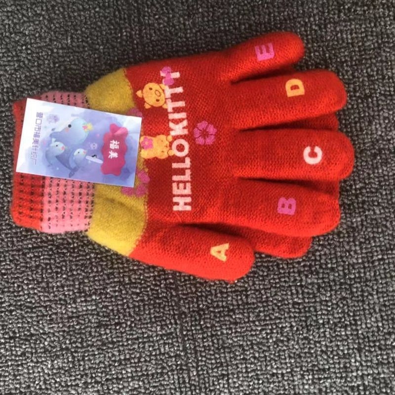 Žiemos unisex mohair megztos pirštinės su karikatūros raštu, mielas stilius, atskiri pirštai, vaikams 4-9 metai