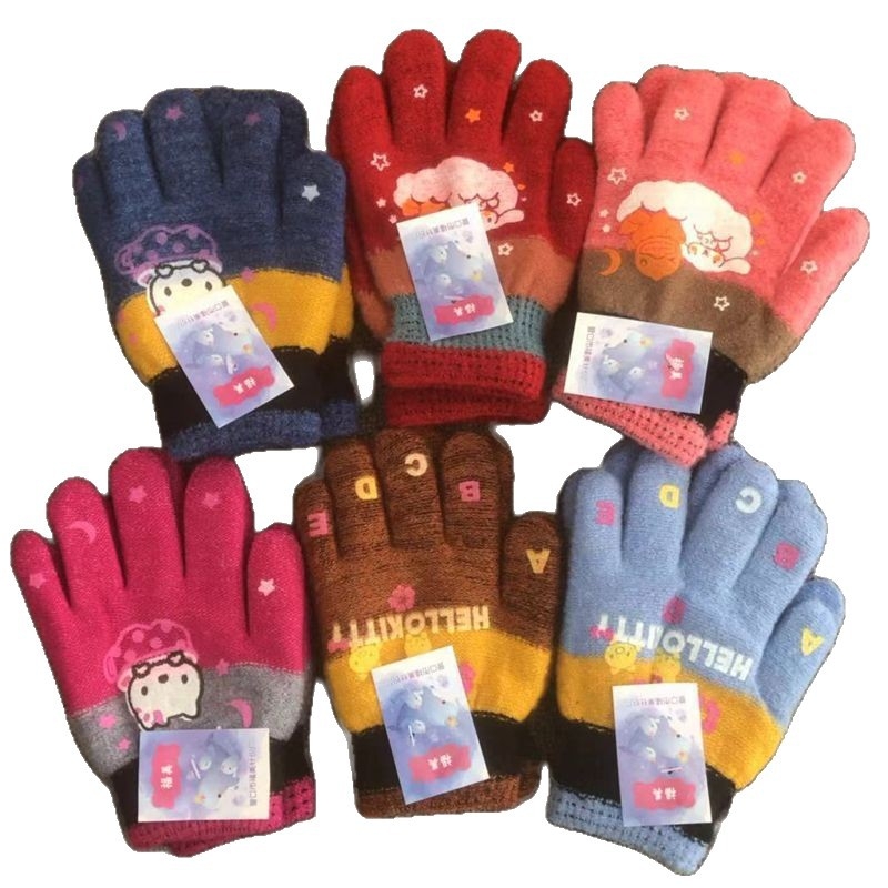 Žiemos unisex mohair megztos pirštinės su karikatūros raštu, mielas stilius, atskiri pirštai, vaikams 4-9 metai
