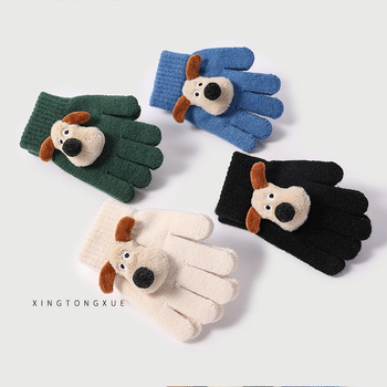 Vaikų megztos alpakos vilnos pirštinės, piešinys šuniukas, su atskirais pirštais, unisex, šildo žiemą, 2–8 m.