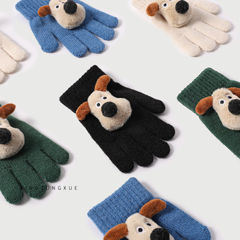 Vaikų megztos alpakos vilnos pirštinės, piešinys šuniukas, su atskirais pirštais, unisex, šildo žiemą, 2–8 m.