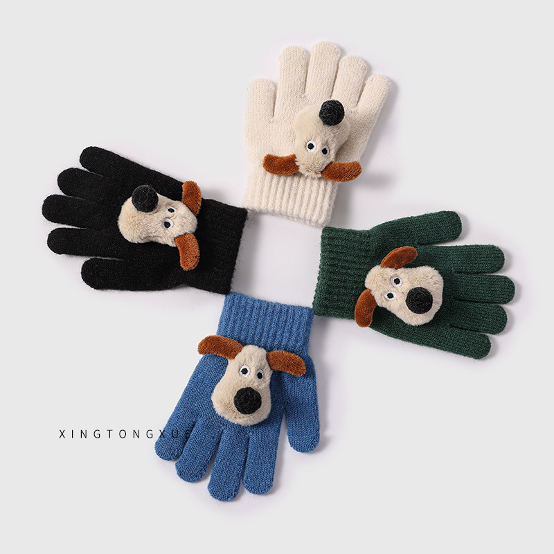 Vaikų megztos alpakos vilnos pirštinės, piešinys šuniukas, su atskirais pirštais, unisex, šildo žiemą, 2–8 m.