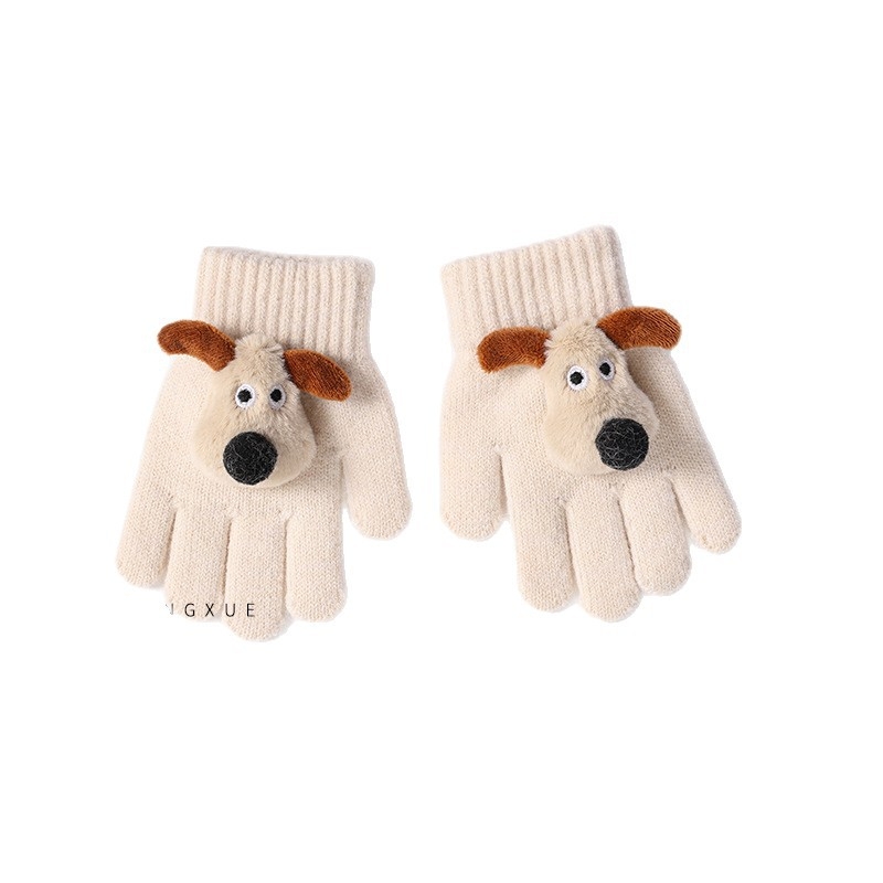 Vaikų megztos alpakos vilnos pirštinės, piešinys šuniukas, su atskirais pirštais, unisex, šildo žiemą, 2–8 m.