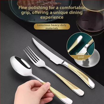 Set tacâmuri pentru friptură: cuțit, furculiță, linguriță – oțel inoxidabil 410, lucrat manual, stil modern minimalist