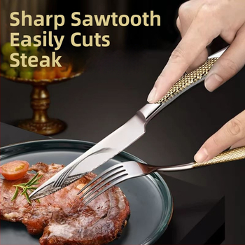 Set tacâmuri pentru friptură: cuțit, furculiță, linguriță – oțel inoxidabil 410, lucrat manual, stil modern minimalist