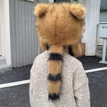 Зимна шапка с пухено опашче от ракун, топли уши, куполен стил, унисекс, за деца и възрастни над 10 г, модел зима 2025