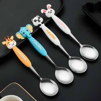 Set tacâmuri pentru copii din oțel inoxidabil 304, cu animale în desene animate – furculițe și lingurițe, portabil pentru exterior