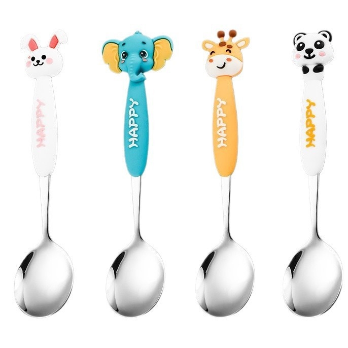 Set tacâmuri pentru copii din oțel inoxidabil 304, cu animale în desene animate – furculițe și lingurițe, portabil pentru exterior