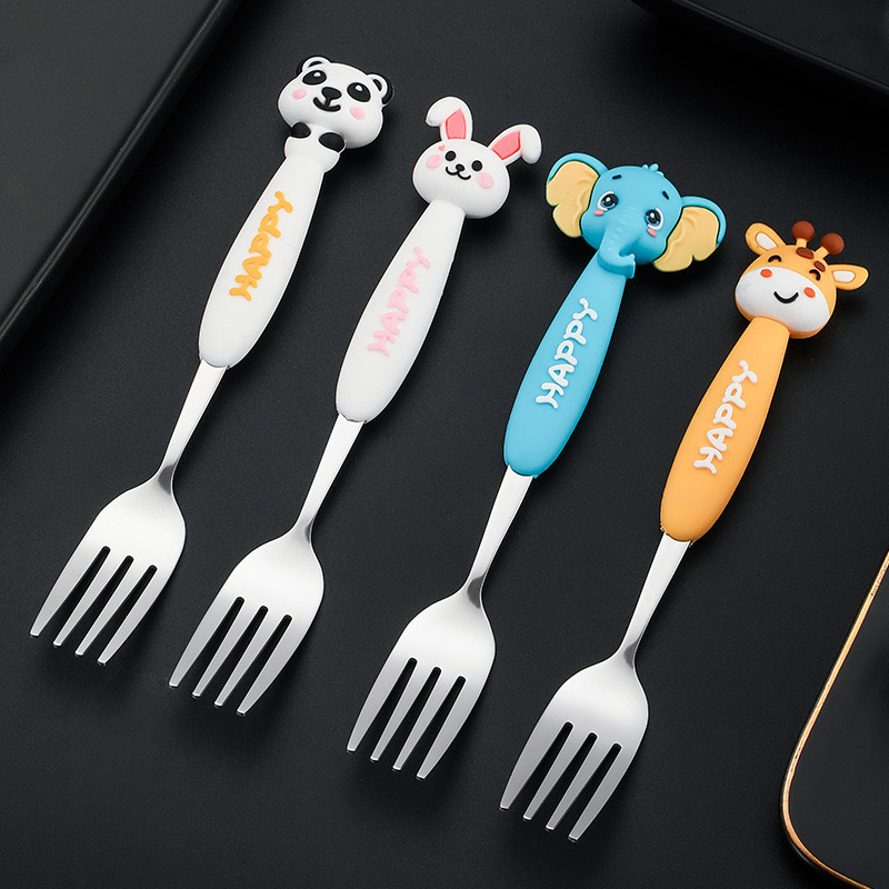 Set tacâmuri pentru copii din oțel inoxidabil 304, cu animale în desene animate – furculițe și lingurițe, portabil pentru exterior