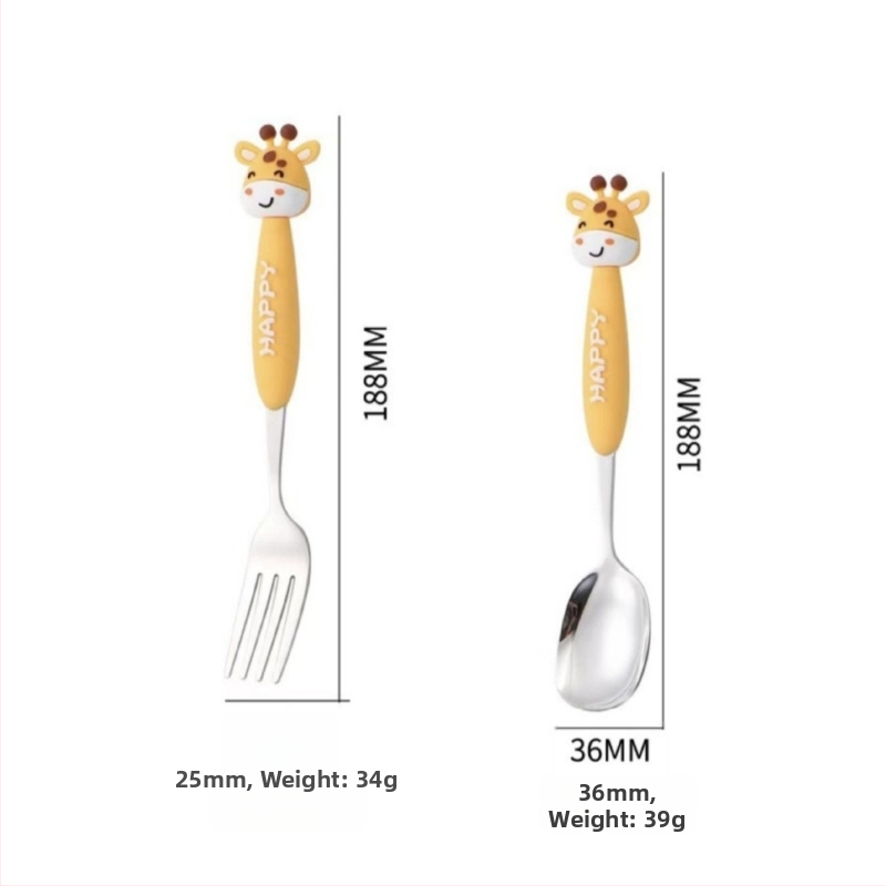 Set tacâmuri pentru copii din oțel inoxidabil 304, cu animale în desene animate – furculițe și lingurițe, portabil pentru exterior