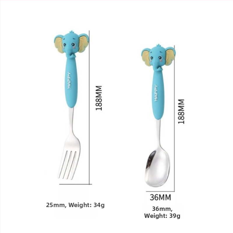 Set tacâmuri pentru copii din oțel inoxidabil 304, cu animale în desene animate – furculițe și lingurițe, portabil pentru exterior