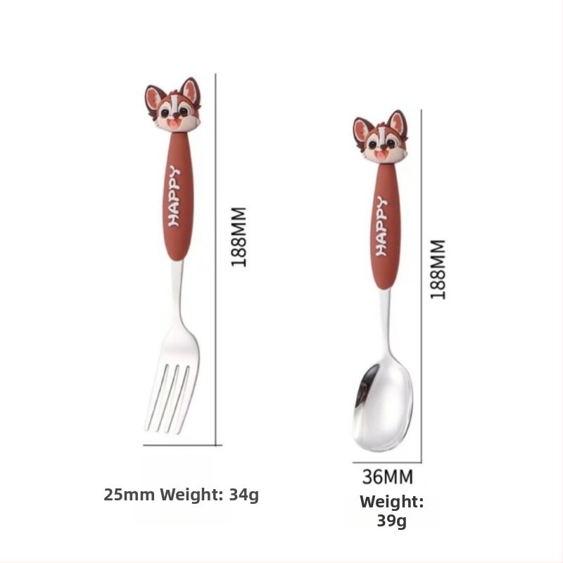 Set tacâmuri pentru copii din oțel inoxidabil 304, cu animale în desene animate – furculițe și lingurițe, portabil pentru exterior