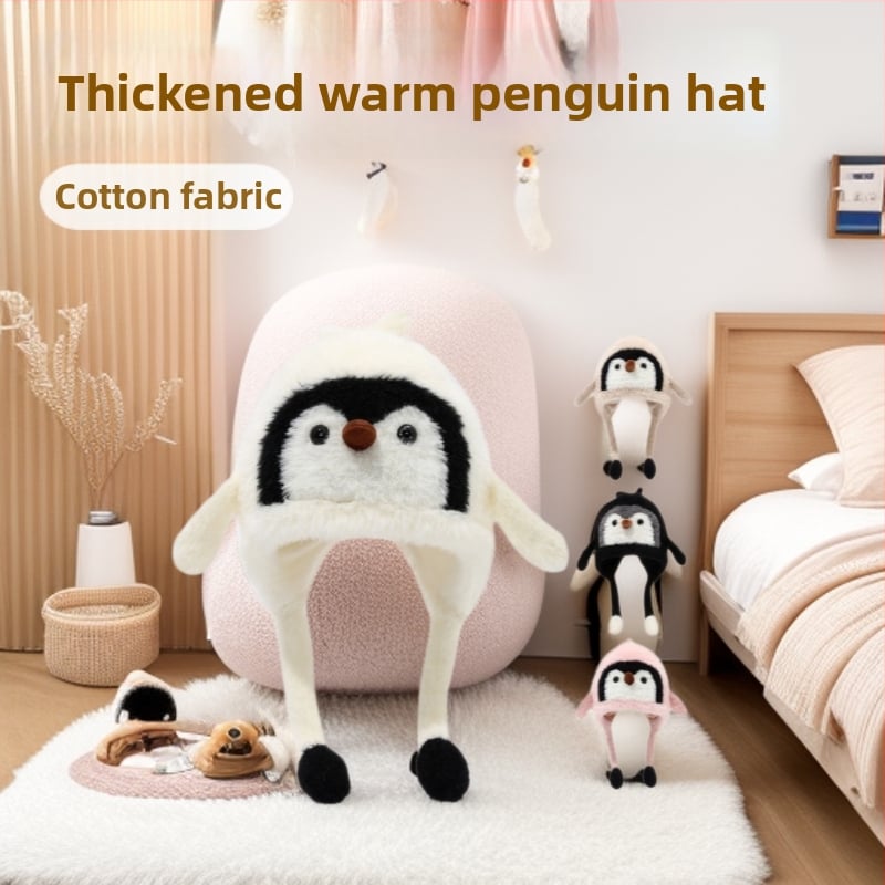 Medvilninė kepurė su gobtuvu ir kupolu — animacinio pingvino dizaino, palaiko šilumą ir atsparus vėjui, ausų apsauga, amžius 1–6 m., žiema