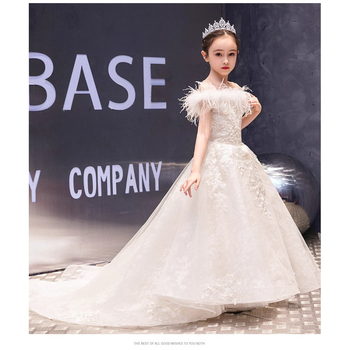 Rochie pentru copii, albă, cu un umăr, rochie de prințesă cu tren, pentru ziua de naștere și spectacol de pian, material din amestec de in, plisată