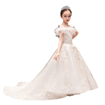 Rochie pentru copii, albă, cu un umăr, rochie de prințesă cu tren, pentru ziua de naștere și spectacol de pian, material din amestec de in, plisată