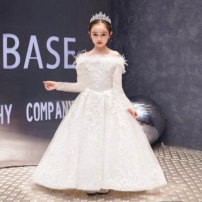 Rochie pentru copii, albă, cu un umăr, rochie de prințesă cu tren, pentru ziua de naștere și spectacol de pian, material din amestec de in, plisată