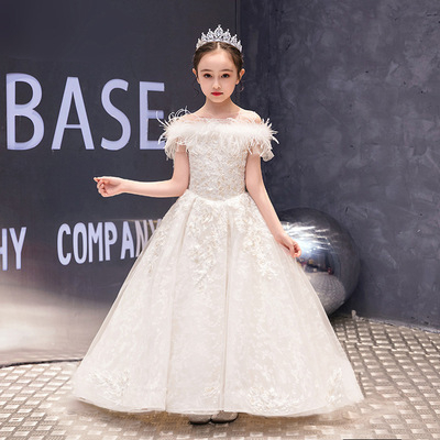 Rochie pentru copii, albă, cu un umăr, rochie de prințesă cu tren, pentru ziua de naștere și spectacol de pian, material din amestec de in, plisată