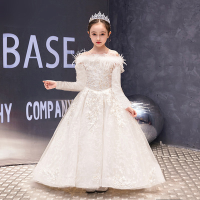 Rochie pentru copii, albă, cu un umăr, rochie de prințesă cu tren, pentru ziua de naștere și spectacol de pian, material din amestec de in, plisată