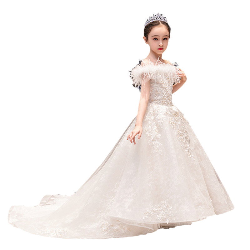 Rochie pentru copii, albă, cu un umăr, rochie de prințesă cu tren, pentru ziua de naștere și spectacol de pian, material din amestec de in, plisată