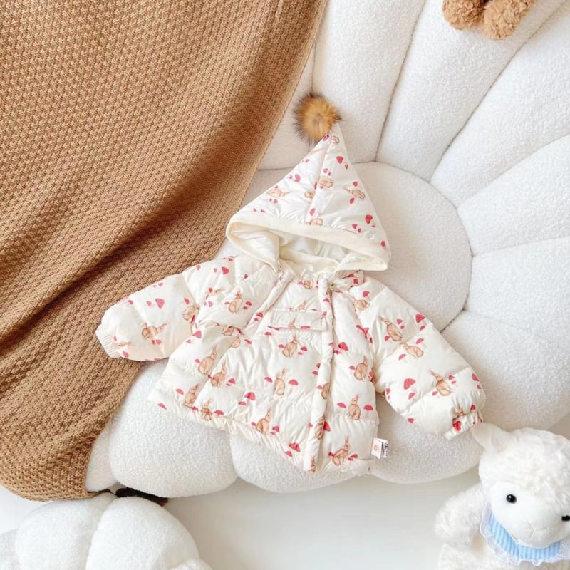 Gyerekek téli tollkabát tollas töltettel, koreai stílus, kapucnival, középhosszú, poliészter külső