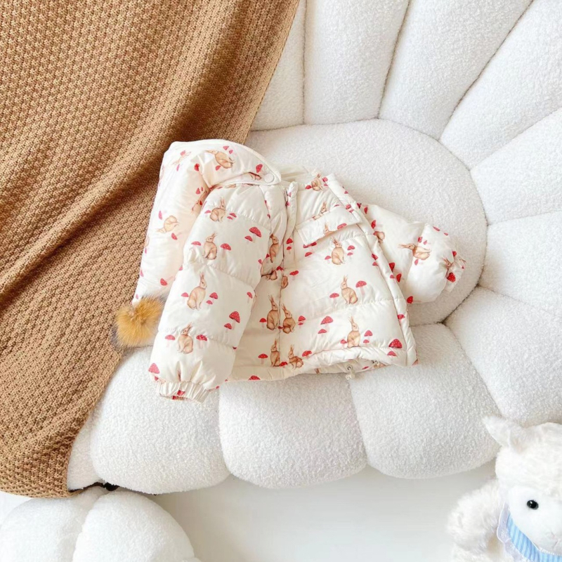 Gyerekek téli tollkabát tollas töltettel, koreai stílus, kapucnival, középhosszú, poliészter külső