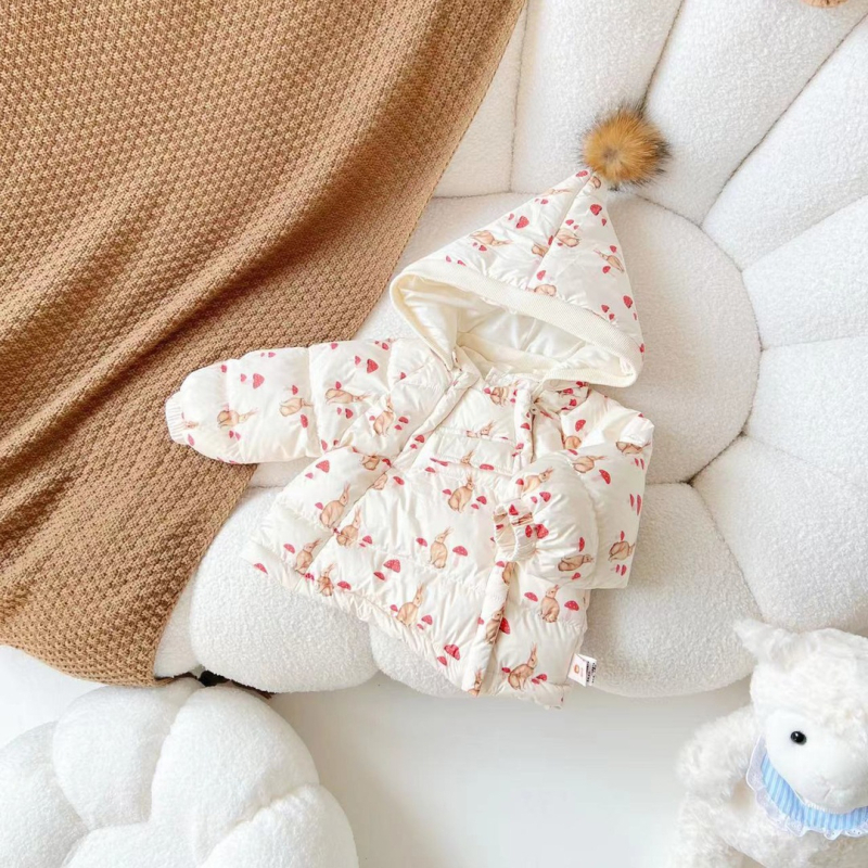 Gyerekek téli tollkabát tollas töltettel, koreai stílus, kapucnival, középhosszú, poliészter külső