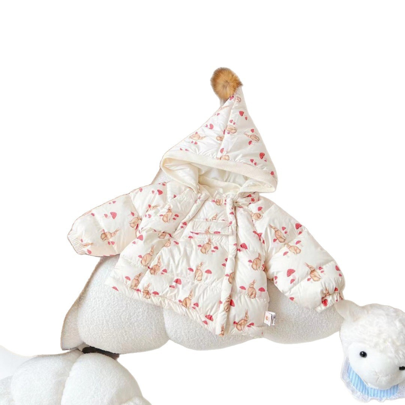 Gyerekek téli tollkabát tollas töltettel, koreai stílus, kapucnival, középhosszú, poliészter külső