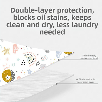 Vienkartinės vaikų rankovės – neaustas audinys, vandeniui ir aliejui atsparios, kvėpuojanti membrana, mielas raštas, 800 porų dėžutėje