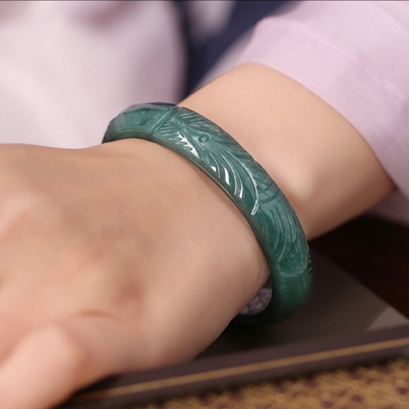 Jade apyrankė su trimatės fenikso motyvu, rankų darbas, etninio stiliaus papuošalas