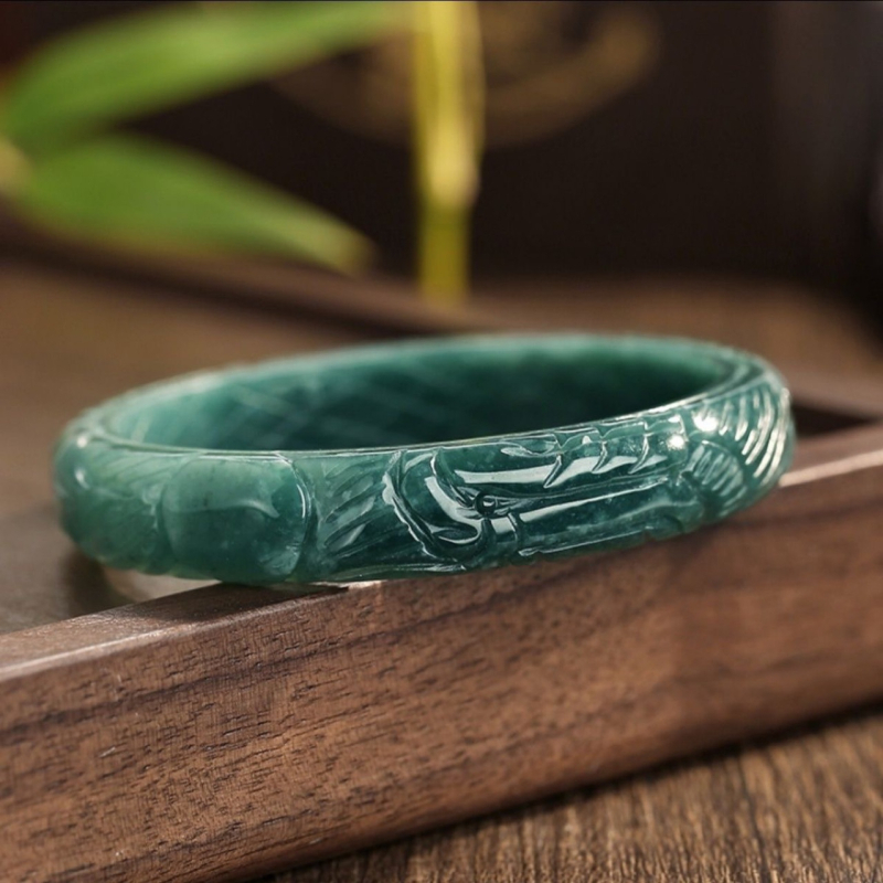 Jade apyrankė su trimatės fenikso motyvu, rankų darbas, etninio stiliaus papuošalas