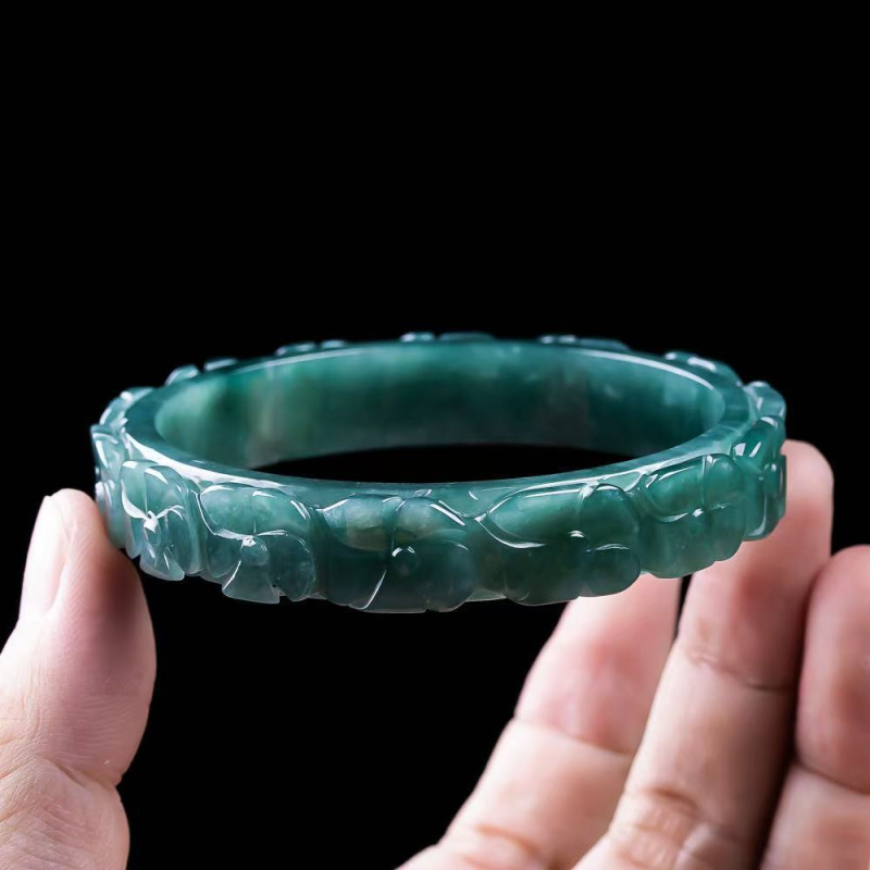 Jadeite apyrankė – A klasė, Ledinis tipas Jade, Gėlių raštas, Etniniai unisex papuošalai