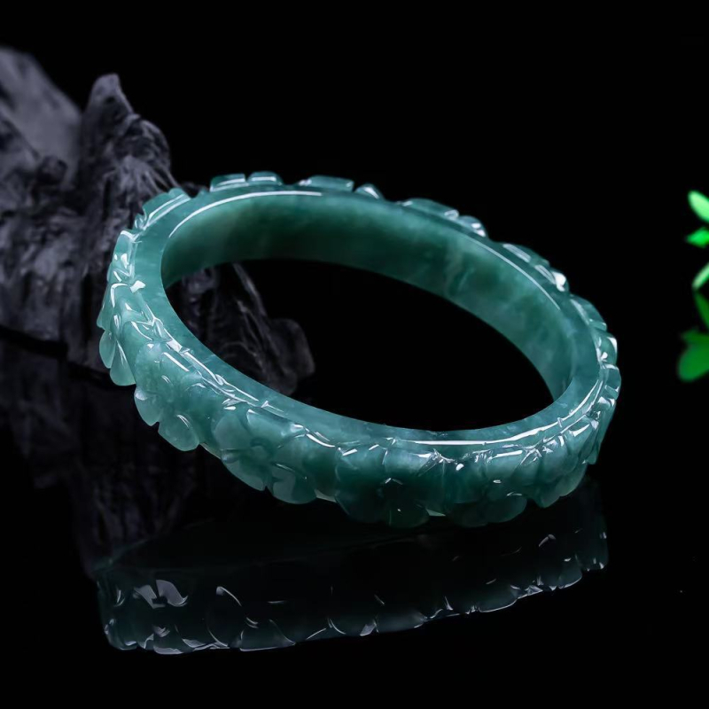 Jadeite apyrankė – A klasė, Ledinis tipas Jade, Gėlių raštas, Etniniai unisex papuošalai