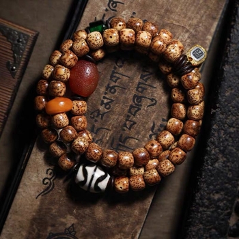Brățară Bodhi cu semințe pentru bărbați, design multistrat cu jad, mărgele Dzi și agate vechi, stil etnic