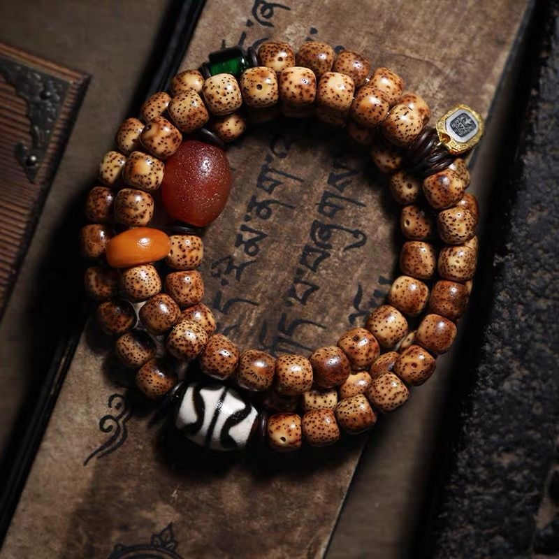 Brățară Bodhi cu semințe pentru bărbați, design multistrat cu jad, mărgele Dzi și agate vechi, stil etnic
