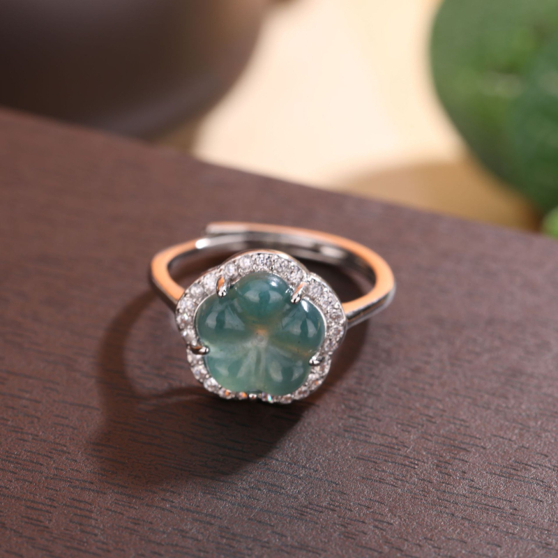 S925 sidabro žiedas su ledinio tipo nefritu, geometriškai etninis dizainas moterims, elektroplatinavimas