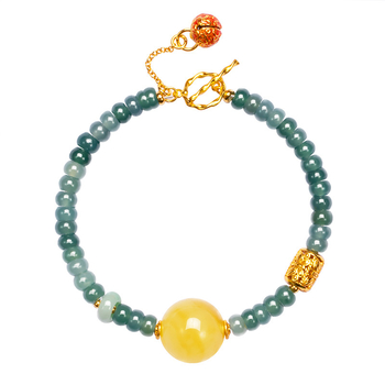 Brățară din jad natural, Gradul A, placare cu aur 18K, mărgele rotunde, clopoțel emailat