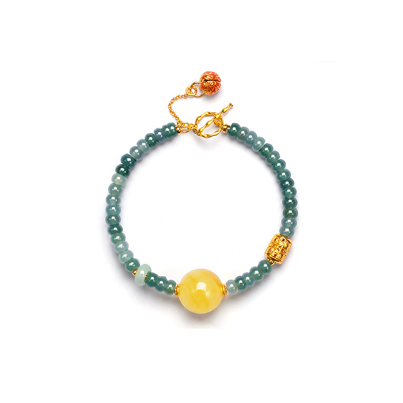Brățară din jad natural, Gradul A, placare cu aur 18K, mărgele rotunde, clopoțel emailat
