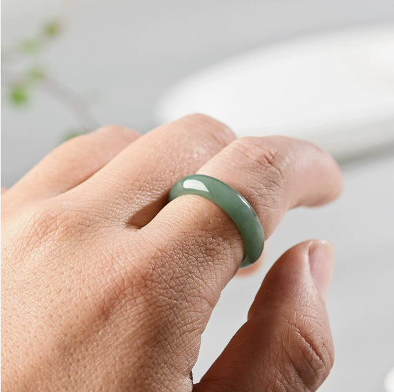 Jadeite gyűrű Floating Flower mintával, uniszex, kézzel készített, Ice-Waxy Burmese Class A Jade