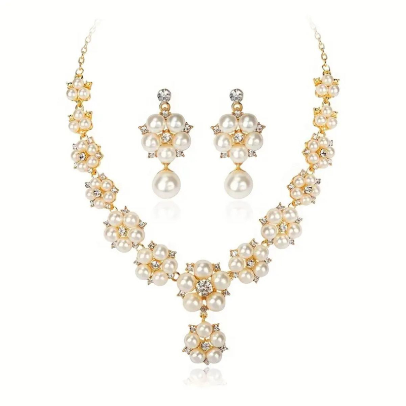 3-djelni set nakita: kratka klavikularna ogrlica i naušnice — Materijal: legura; Lanac: križni lanac; Privjesak: legura; Uzorak: biljke i cvijeće; Proljeće 2024