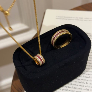 Set inel și colier cu rubin, din argint S925, placat cu aur real, lanț obișnuit