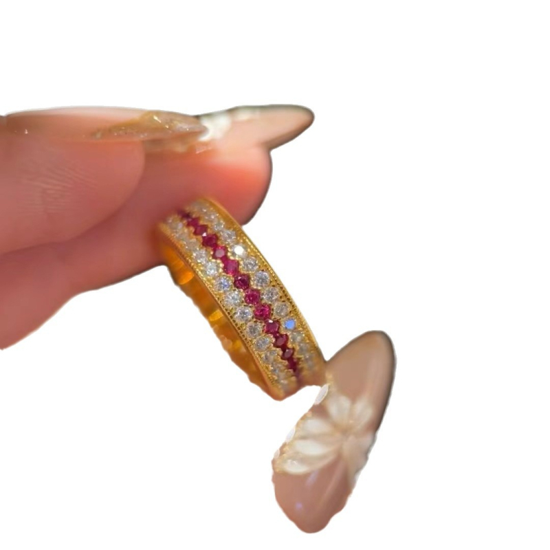 Set inel și colier cu rubin, din argint S925, placat cu aur real, lanț obișnuit