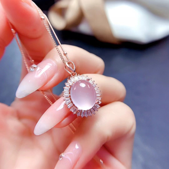 Set de bijuterii din argint 925, cuarț roz natural, pandantiv oval, colier și brățară, motif stele/soare și lună/univers