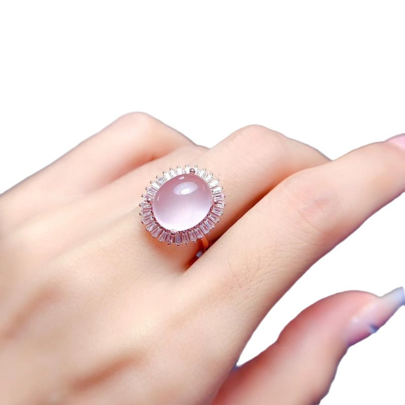 Set de bijuterii din argint 925, cuarț roz natural, pandantiv oval, colier și brățară, motif stele/soare și lună/univers