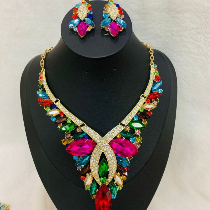 Set naušnica i ogrlica s kristalima - originalni dizajn, lanac u obliku slova O, cvjetni uzorak, Yiwu porijeklo