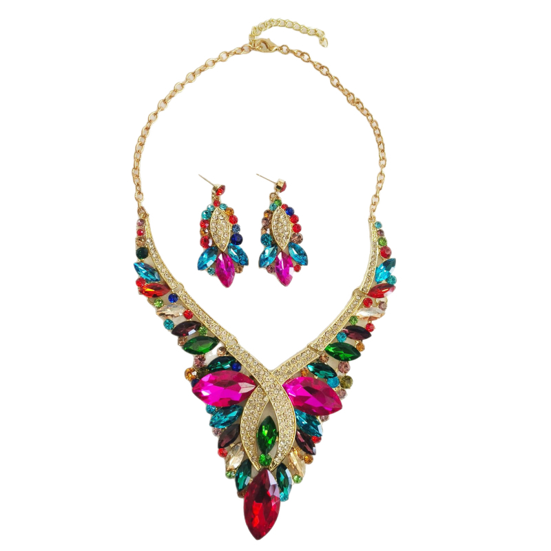 Set naušnica i ogrlica s kristalima - originalni dizajn, lanac u obliku slova O, cvjetni uzorak, Yiwu porijeklo