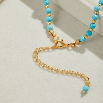 Colier placat cu aur, design geometric, pandant din turcoaz, lanț cu bile, tratament cu diamant